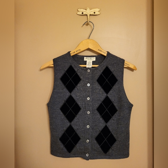 Eddie Bauer. Merino/silk sweater vest with argyle detail. Grey/black. Sm petit - Picture 1 of 7